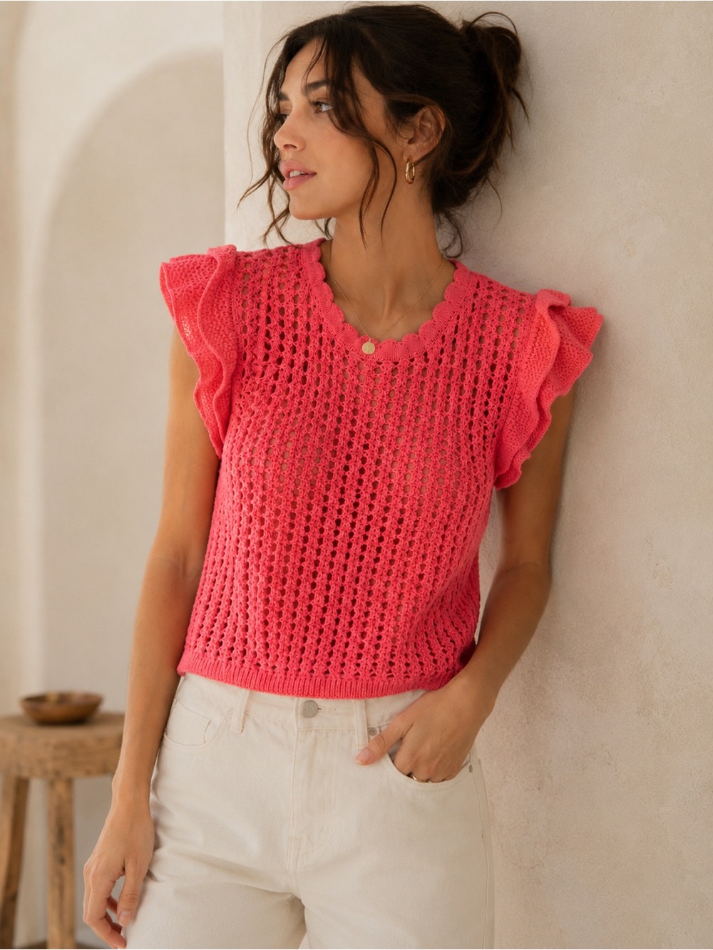 GAP Coral Crochet Ruffle Sleeve Cotton Sweater Top Size XS